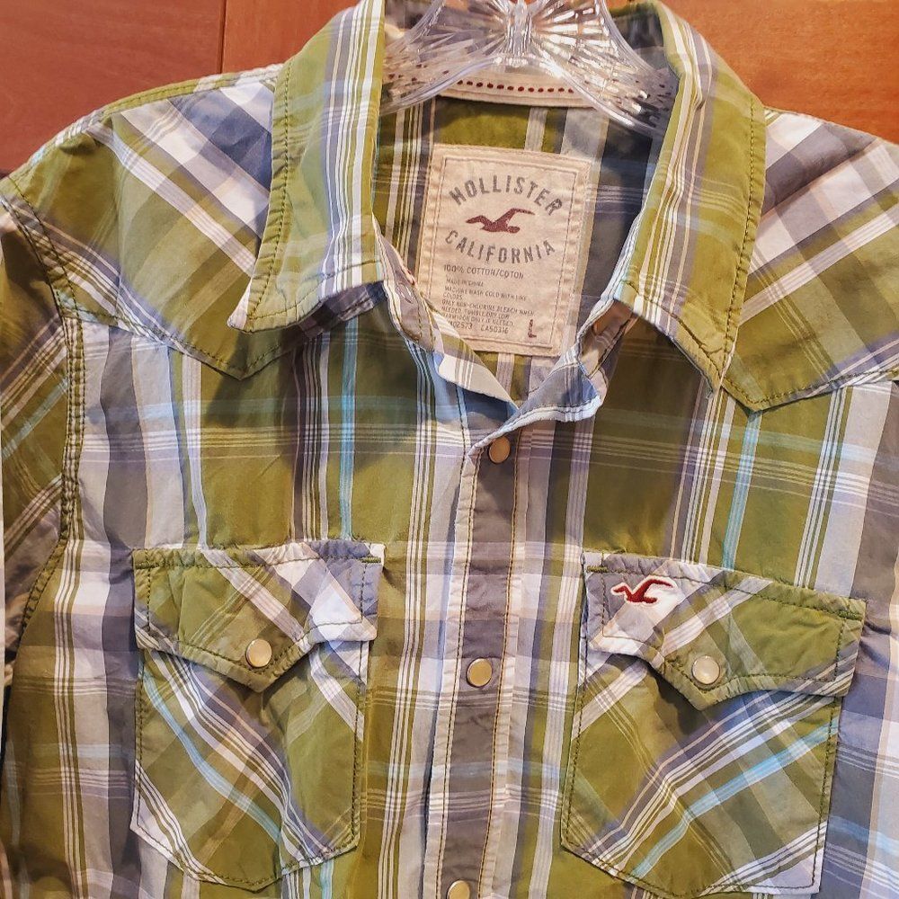 Hollister Mens Large Pearl Snap Front Plaid Shirt Green Gray Western Button up